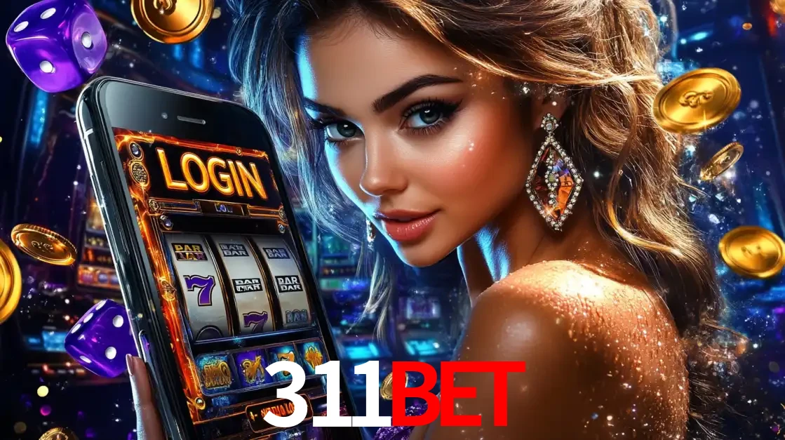 Mulher glamorosa segurando um smartphone com a tela de login para os jogos de caça-níqueis do cassino online 311bet, com moedas de ouro e dados ao redor.