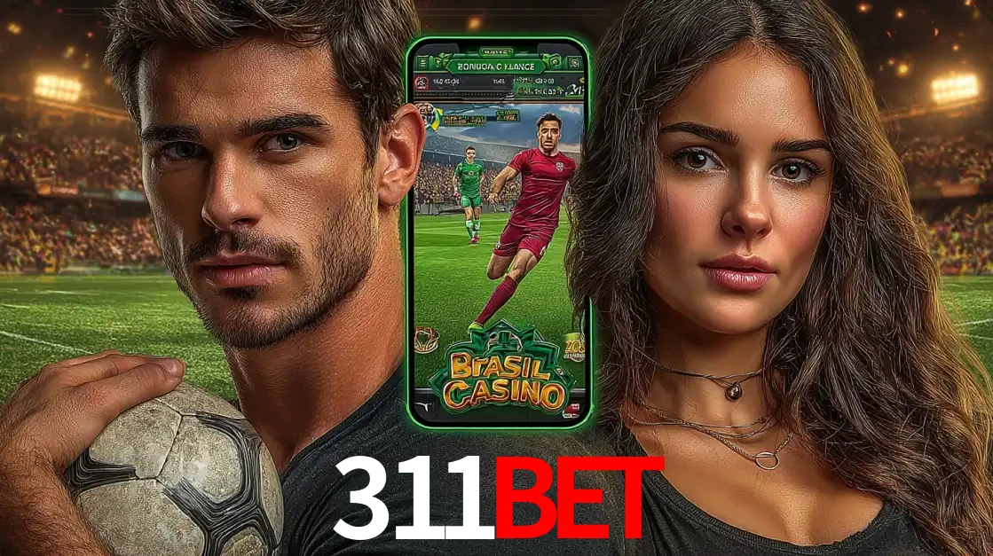 Homem segurando uma bola de futebol e uma mulher ao lado de um smartphone exibindo o jogo de apostas esportivas da 311bet. Faça seu palpite no cassino online.